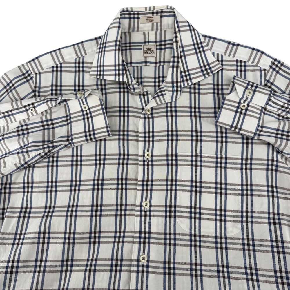 Peter Millar Mens Medium White Blue Brown Plaid Cotton Button Down Shirt LS - Picture 1 of 12
